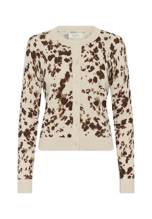Cream cardigan with brown splatter patterns, ribbed texture, round neckline, and button closure. Fitted design and long sleeves.