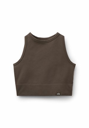 Dunkelbraunes ärmelloses, kurz geschnittenes Tanktop mit rundem Ausschnitt und kleinem "clz"-Etikett am unteren Saum.