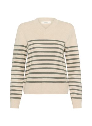 Krém színű V nyakú pulóver, amely vízszintes olajzöld csíkokkal rendelkezik. Puha anyagból készült, illetve bordás mandzsettákkal és alsó résszel bír a textúra érdekében.