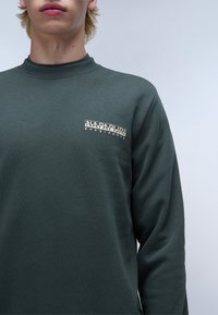 Grüner Pullover mit hohem Kragen, aus strukturiertem Stoff, mit einem goldenen Logopatch auf der linken Brust, auf dem "NAPAPIJRI geographic" steht.