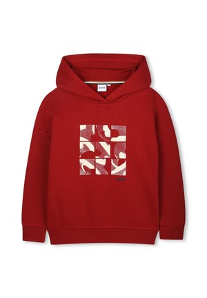Czerwona bluza z kapturem i długimi rękawami, z kwadratowym abstrakcyjnym białym i czerwonym wzorem oraz małym logo "BOSS" z przodu.