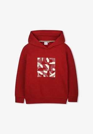 Rød hættetrøje med lange ærmer med et firkantet abstrakt hvidt og rødt mønster og et lille "BOSS"-logo foran.