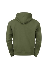 Olive green hoodie with a drawstring hood and long sleeves. Made from soft fabric, featuring a simple, smooth back design.