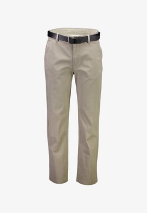 Beżowe bawełniane chinosy o prostym kroju nogawek, wyposażone w czarny pasek, przednie kieszenie oraz gładką fakturę.