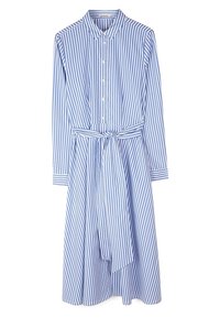 Sininen ja valkoinen raidallinen mekko, jossa on napitettava etuosa, kaulus, pitkät hihat ja vyötärönauha. Valmistettu sileäpintaisesta kankaasta.