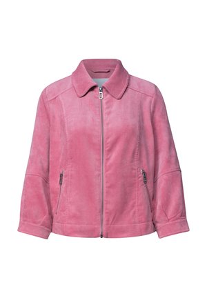 Rosa Cordjacke mit Frontreißverschluss, zwei Reißverschlusstaschen an den Seiten, langen Ärmeln und einem umgeschlagenen Kragen.