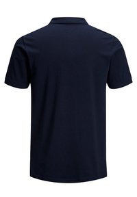 Navyblaues Polohemd aus weichem Stoff, mit kurzen Ärmeln und klassischem Kragen. Die Rückseite zeichnet sich durch eine glatte, gleichmäßige Textur und saubere Linien aus.