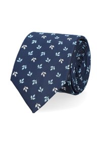 Granatowy krawat z kwiecistym wzorem w jasnoniebieskim i różowym kolorze. Wykonany z gładkiego materiału, ma klasyczny wąski kształt i zwiniętą formę.