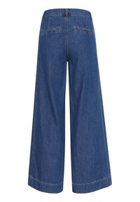 Blue denim wide-leg pants with a high waist, featuring two rear pockets and a smooth texture. Hemmed edges with minimal stitching details.