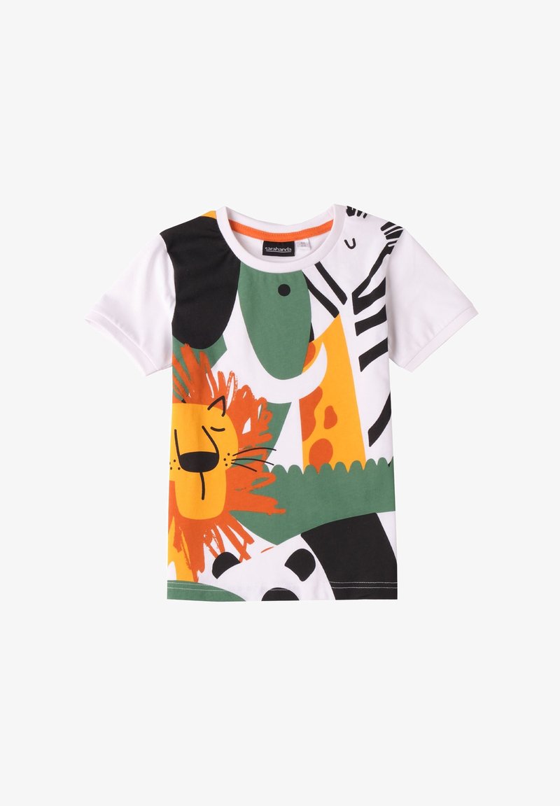 Camiseta de manga corta de algodón, que presenta un colorido patrón de animales con un león, un panda y formas abstractas en verde, naranja y negro.