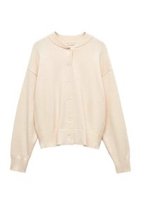 Cardigan en maille couleur crème, manches longues, col rond côtelé, devant boutonné, poignets et ourlet côtelés.