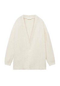 Cardigan bianco con scollatura a V ampia, maniche lunghe e orlo a coste. Realizzato in materiale morbido e testurizzato, presenta un design a apertura frontale.
