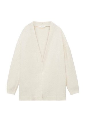 Witte cardigan met een brede V-hals, lange mouwen en geribde zoom. Gemaakt van zacht, gestructureerd materiaal en heeft een open voorontwerp.