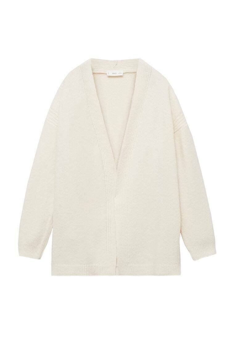 Cardigan bianco con scollatura a V ampia, maniche lunghe e orlo a coste. Realizzato in materiale morbido e testurizzato, presenta un design a apertura frontale.