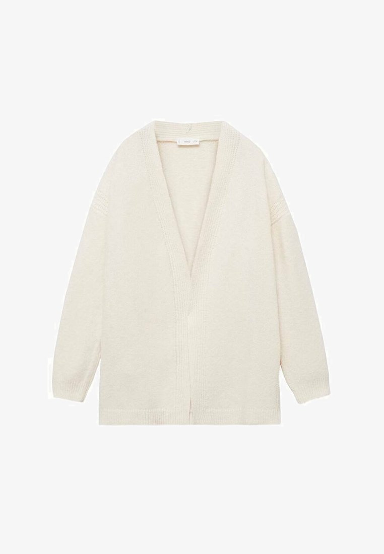 Cardigan bianco con scollatura a V ampia, maniche lunghe e orlo a coste. Realizzato in materiale morbido e testurizzato, presenta un design a apertura frontale.