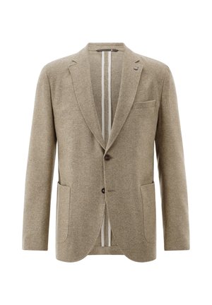 Beige wool blazer with notch lapels, two front pockets, single button closure, and a striped inner lining. Soft texture, tailored fit.