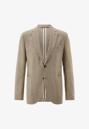 Beiger Wollblazer mit gekerbtem Revers, zwei vorderen Taschen, einem Knopfverschluss und einem gestreiften Innenfutter. Weiche Textur, taillierte Passform.