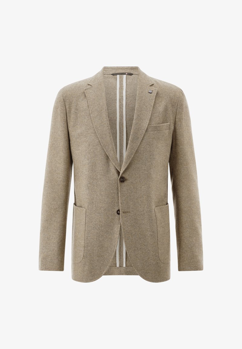 Beiger Wollblazer mit gekerbtem Revers, zwei vorderen Taschen, einem Knopfverschluss und einem gestreiften Innenfutter. Weiche Textur, taillierte Passform.