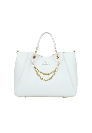 Borsa bianca in pelle con dettaglio catena dorata, due manici superiori e logo Braccialini dorato al centro anteriore.