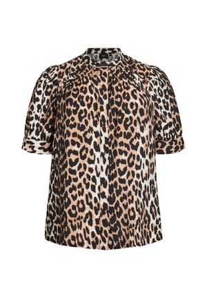 Lyhythihainen paita leopardi-kuviolla, edessä napit, hieman puffatut hihat ja rypytetty ykkösmäinen yksityiskohta kaula-aukon ympärillä.