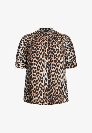 Blusa de manga corta con estampado de leopardo, botones en la parte delantera, mangas ligeramente abullonadas y detalles fruncidos en el canesú alrededor del escote.