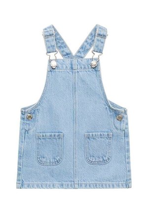 Jasnoniebieska sukienka na szelkach z denimu z regulowanymi paskami na ramiona, dwoma przednimi kieszeniami i srebrnymi metalowymi guzikami po bokach i na paskach.