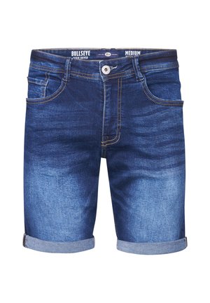 Shorts in denim scuro con finitura slavata, orli arrotolati, design a cinque tasche, chiusura con bottone e cuciture a contrasto.