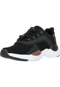 Scarpa atletica nera con tessuto a rete, suola in gomma e accenti marroni a contrasto. Presenta lacci elastici e un tallone imbottito.