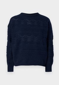 Maglione lavorato a maglia navy con design testurizzato caratterizzato da motivi in pizzo. Collo rotondo e polsini e orlo a coste.