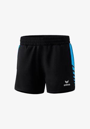 Schwarze Sportshorts mit lässiger Passform, featuring blaue Seitenstreifen und ein Logo. Hergestellt aus leichtem, atmungsaktivem Material. Elastischer Bund.