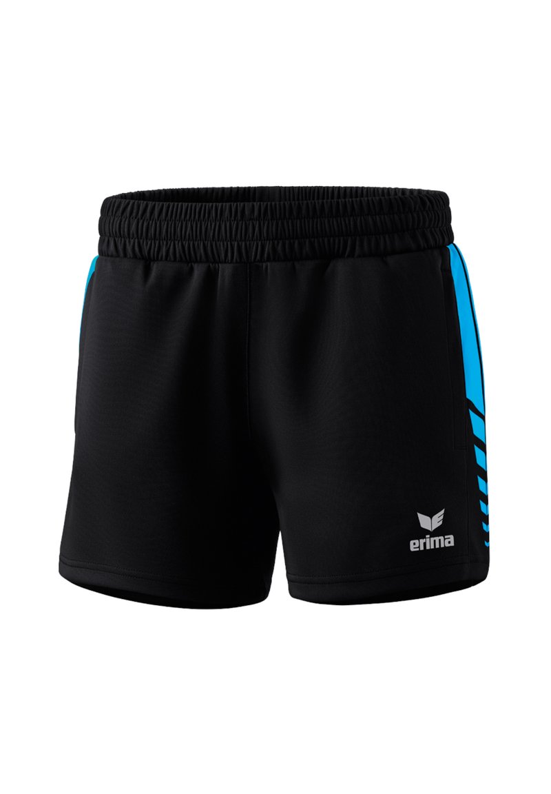 Zwarte sportshorts met een ontspannen pasvorm, met blauwe zijpanelen en een logo. Gemaakt van lichtgewicht, ademend materiaal. Elastische tailleband.