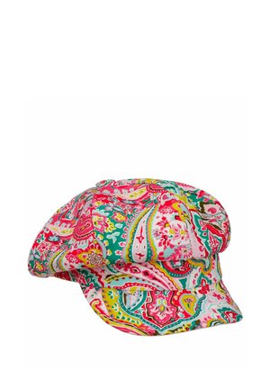 Colorful paisley-patterned fabric hat with pink, green, yellow, and white tones, featuring a soft crown and a short curved brim.