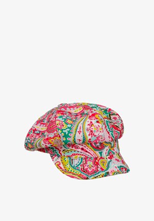 Colorful paisley-patterned fabric hat with pink, green, yellow, and white tones, featuring a soft crown and a short curved brim.