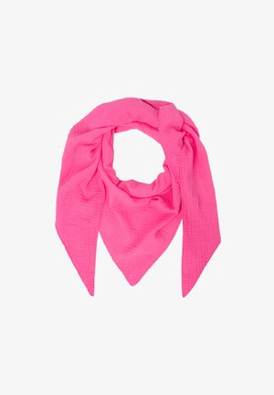 Rosa Baumwollschal mit einer strukturierten, zerknitterten Oberfläche. Dreieckige Enden und ein lockeres, fließendes Design bilden eine kreisförmige Form.