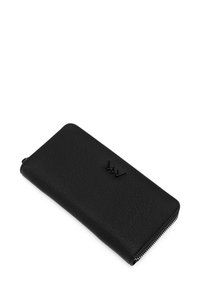 Black leather wallet with a textured finish, zip closure, and embossed logo. Designed in a slim rectangular shape.