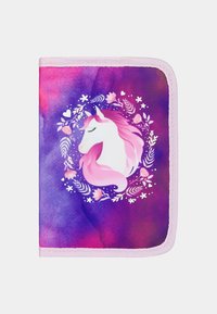 Složka na zip s tématem jednorožců s růžovým ilustrací jednorožce na fialovém akvarelovém pozadí, se květinovými akcenty a jemnou texturou.
