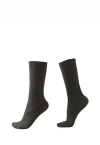 Medias de color gris oscuro con diseño hasta la rodilla, que presentan un patrón de punto texturizado y refuerzo en el talón y la punta.