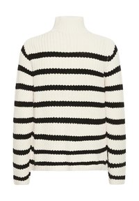 Pletený rolák v smotanovej farbe s čiernymi horizontálnymi pruhmi. Má voľný strih a rebrovanú textúru na golieri a manžetách.