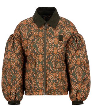 Quilted bomber jacket in dark green with ornate orange floral pattern, featuring a corduroy collar, front zipper, and wide puff sleeves.