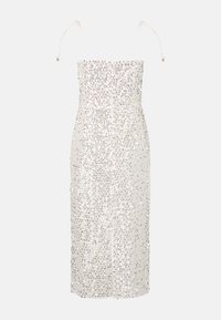 Pailletten-Midi-Kleid mit Spaghettiträgern, das eine figurbetonte Silhouette und einen Schlitz vorne aufweist. Farbe: Silber mit einem glänzenden, strukturierten Finish.