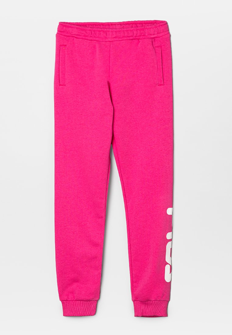 Pantalons de survêtement roses en tissu doux, dotés de poches latérales et de poignets côtelés. Grand design en texte blanc sur une jambe. Taille élastique.