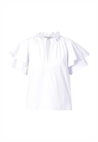 Blusa bianca in cotone con maniche corte a balze, scollatura arricciata e apertura a chiave frontale. Texture liscia, design casual.
