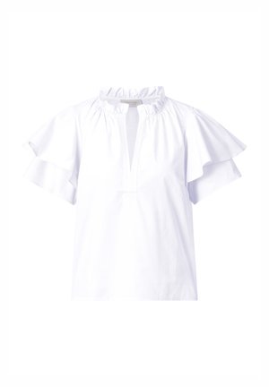 Blusa bianca in cotone con maniche corte a balze, scollatura arricciata e apertura a chiave frontale. Texture liscia, design casual.