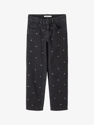 Jean en denim noir à coupe droite, avec des embellissements en studs argentés dispersés sur le tissu. Cinq poches et une fermeture à bouton.