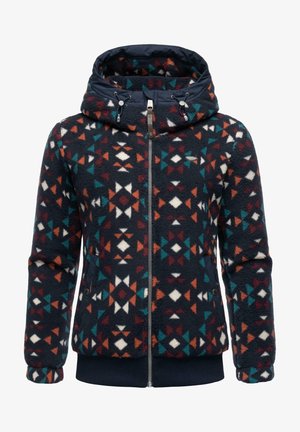 Fleece bunda s vzorovaným designem v námořnické modré, červené, bílé a tyrkysové barvě. Obsahuje kapuci, zipové zapínání a žebrované manžety a lem.