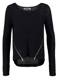 Pull noir en maille à manches longues avec deux fermetures éclair argentées en diagonale à l'avant et un ourlet arrière légèrement plus long.