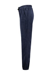 Marineblauwe fleece joggerbroeken met een elastische tailleband, verstelbare koordjes, zijzakken en taps toelopende manchetten bij de enkel.