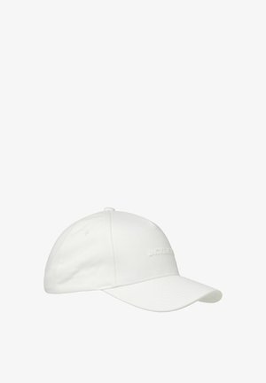 Fehér pamut baseball sapka ívelt vízszintes peremmel, amelyen egy diszkrét, dombornyomott logó található az elején. Strukturált dizájn, szellőzőlyukakkal.