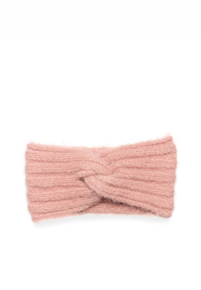 Weiche, rosa gestrickte Kopfband mit einem verdrehten Knotendesign in der Mitte, geripptem Textur und faserigem Garnmaterial.