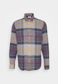 Kariertes Hemd mit Knöpfen, das in Grau, Marineblau, Rot und Gelb gehalten ist. Lange Ärmel, Kragen und eine Brusttasche. Aus Baumwollmaterial.